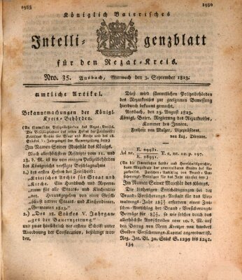 Königlich Bayerisches Intelligenzblatt für den Rezat-Kreis (Ansbacher Intelligenz-Zeitung) Mittwoch 3. September 1823