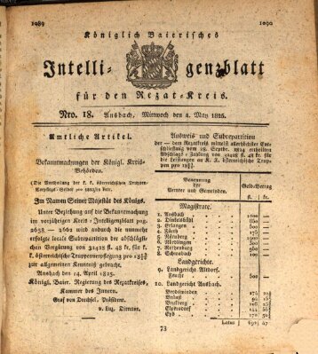 Königlich Bayerisches Intelligenzblatt für den Rezat-Kreis (Ansbacher Intelligenz-Zeitung) Mittwoch 4. Mai 1825