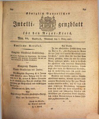 Königlich Bayerisches Intelligenzblatt für den Rezat-Kreis (Ansbacher Intelligenz-Zeitung) Mittwoch 7. März 1827