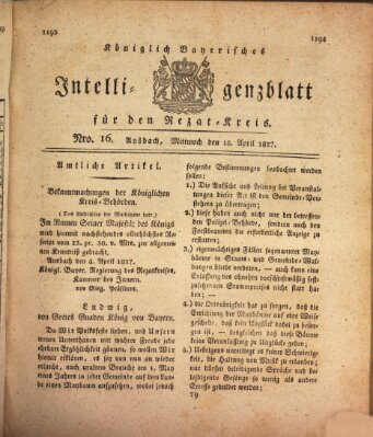 Königlich Bayerisches Intelligenzblatt für den Rezat-Kreis (Ansbacher Intelligenz-Zeitung) Mittwoch 18. April 1827