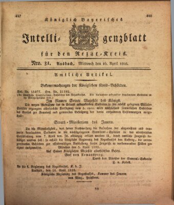 Königlich Bayerisches Intelligenzblatt für den Rezat-Kreis (Ansbacher Intelligenz-Zeitung) Mittwoch 16. April 1828