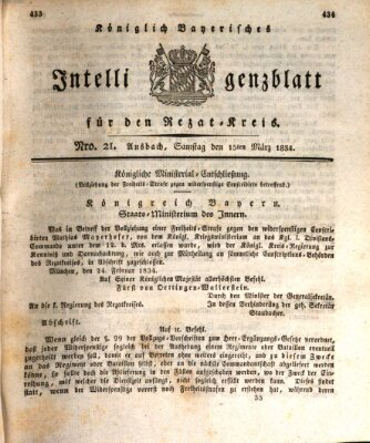 Königlich Bayerisches Intelligenzblatt für den Rezat-Kreis (Ansbacher Intelligenz-Zeitung) Samstag 15. März 1834