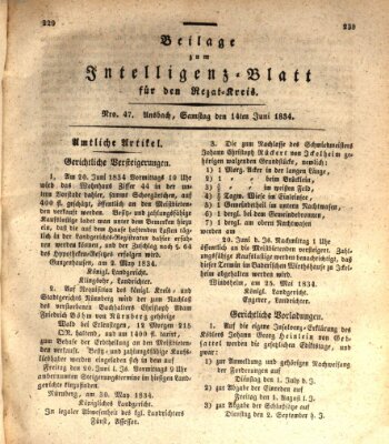 Königlich Bayerisches Intelligenzblatt für den Rezat-Kreis (Ansbacher Intelligenz-Zeitung) Samstag 14. Juni 1834