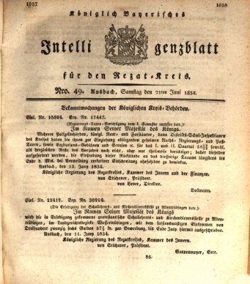 Königlich Bayerisches Intelligenzblatt für den Rezat-Kreis (Ansbacher Intelligenz-Zeitung) Samstag 21. Juni 1834