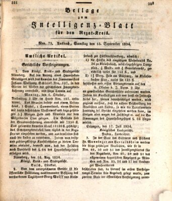 Königlich Bayerisches Intelligenzblatt für den Rezat-Kreis (Ansbacher Intelligenz-Zeitung) Samstag 13. September 1834