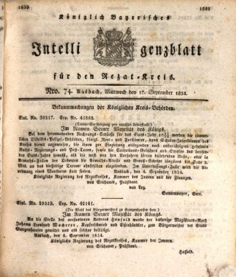 Königlich Bayerisches Intelligenzblatt für den Rezat-Kreis (Ansbacher Intelligenz-Zeitung) Mittwoch 17. September 1834