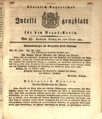 Königlich Bayerisches Intelligenzblatt für den Rezat-Kreis (Ansbacher Intelligenz-Zeitung) Samstag 18. Oktober 1834