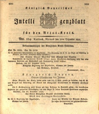 Königlich Bayerisches Intelligenzblatt für den Rezat-Kreis (Ansbacher Intelligenz-Zeitung) Mittwoch 31. Dezember 1834