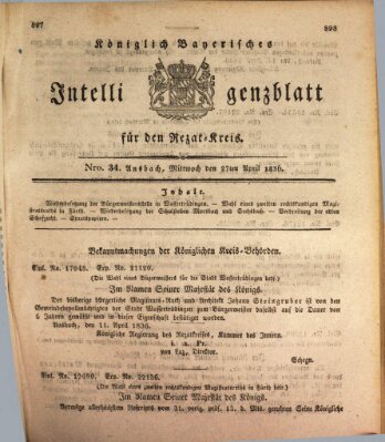 Königlich Bayerisches Intelligenzblatt für den Rezat-Kreis (Ansbacher Intelligenz-Zeitung) Mittwoch 27. April 1836