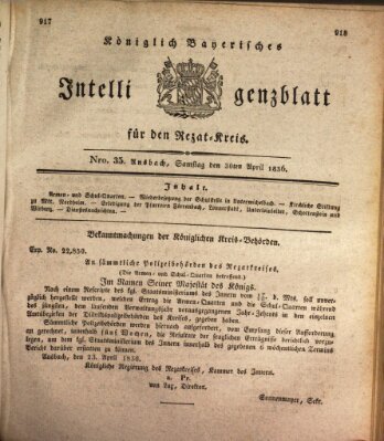 Königlich Bayerisches Intelligenzblatt für den Rezat-Kreis (Ansbacher Intelligenz-Zeitung) Samstag 30. April 1836