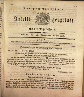 Königlich Bayerisches Intelligenzblatt für den Rezat-Kreis (Ansbacher Intelligenz-Zeitung) Mittwoch 8. Juni 1836