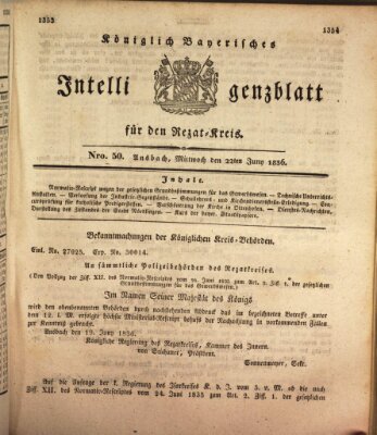 Königlich Bayerisches Intelligenzblatt für den Rezat-Kreis (Ansbacher Intelligenz-Zeitung) Mittwoch 22. Juni 1836