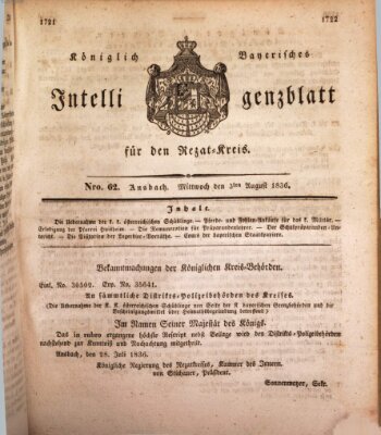 Königlich Bayerisches Intelligenzblatt für den Rezat-Kreis (Ansbacher Intelligenz-Zeitung) Mittwoch 3. August 1836