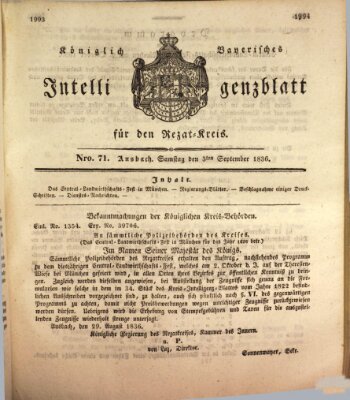 Königlich Bayerisches Intelligenzblatt für den Rezat-Kreis (Ansbacher Intelligenz-Zeitung) Samstag 3. September 1836