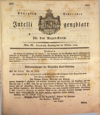 Königlich Bayerisches Intelligenzblatt für den Rezat-Kreis (Ansbacher Intelligenz-Zeitung) Samstag 29. Oktober 1836