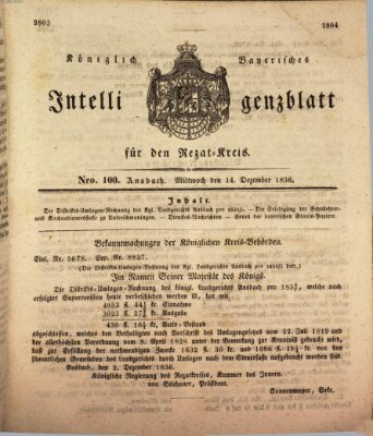 Königlich Bayerisches Intelligenzblatt für den Rezat-Kreis (Ansbacher Intelligenz-Zeitung) Mittwoch 14. Dezember 1836