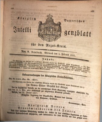 Königlich Bayerisches Intelligenzblatt für den Rezat-Kreis (Ansbacher Intelligenz-Zeitung) Mittwoch 1. Februar 1837