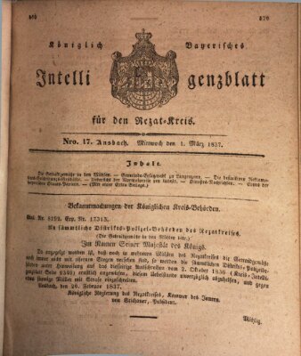 Königlich Bayerisches Intelligenzblatt für den Rezat-Kreis (Ansbacher Intelligenz-Zeitung) Mittwoch 1. März 1837