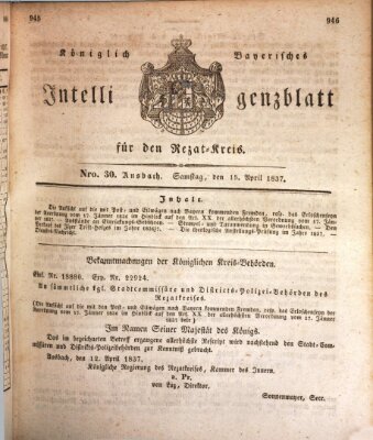 Königlich Bayerisches Intelligenzblatt für den Rezat-Kreis (Ansbacher Intelligenz-Zeitung) Samstag 15. April 1837