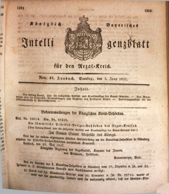 Königlich Bayerisches Intelligenzblatt für den Rezat-Kreis (Ansbacher Intelligenz-Zeitung) Samstag 3. Juni 1837