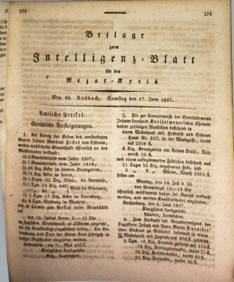 Königlich Bayerisches Intelligenzblatt für den Rezat-Kreis (Ansbacher Intelligenz-Zeitung) Samstag 17. Juni 1837