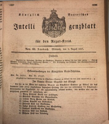 Königlich Bayerisches Intelligenzblatt für den Rezat-Kreis (Ansbacher Intelligenz-Zeitung) Mittwoch 9. August 1837