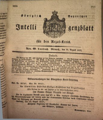 Königlich Bayerisches Intelligenzblatt für den Rezat-Kreis (Ansbacher Intelligenz-Zeitung) Mittwoch 30. August 1837