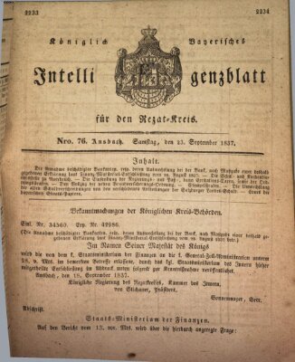 Königlich Bayerisches Intelligenzblatt für den Rezat-Kreis (Ansbacher Intelligenz-Zeitung) Samstag 23. September 1837