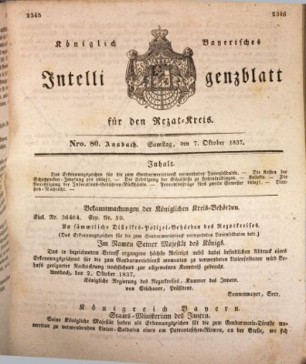 Königlich Bayerisches Intelligenzblatt für den Rezat-Kreis (Ansbacher Intelligenz-Zeitung) Samstag 7. Oktober 1837