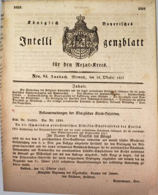 Königlich Bayerisches Intelligenzblatt für den Rezat-Kreis (Ansbacher Intelligenz-Zeitung) Mittwoch 18. Oktober 1837