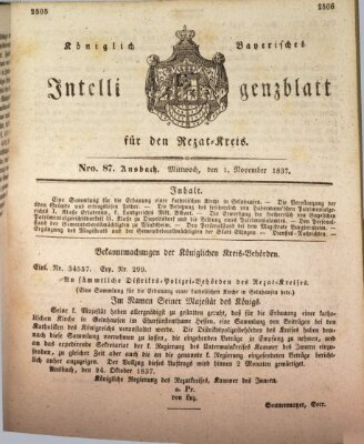 Königlich Bayerisches Intelligenzblatt für den Rezat-Kreis (Ansbacher Intelligenz-Zeitung) Mittwoch 1. November 1837