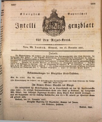 Königlich Bayerisches Intelligenzblatt für den Rezat-Kreis (Ansbacher Intelligenz-Zeitung) Mittwoch 29. November 1837