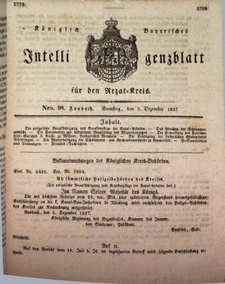 Königlich Bayerisches Intelligenzblatt für den Rezat-Kreis (Ansbacher Intelligenz-Zeitung) Samstag 9. Dezember 1837