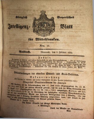 Königlich Bayerisches Intelligenzblatt für Mittelfranken (Ansbacher Intelligenz-Zeitung) Mittwoch 6. Februar 1839