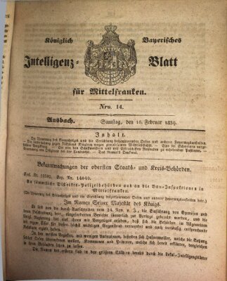 Königlich Bayerisches Intelligenzblatt für Mittelfranken (Ansbacher Intelligenz-Zeitung) Samstag 16. Februar 1839