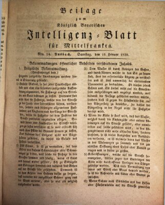 Königlich Bayerisches Intelligenzblatt für Mittelfranken (Ansbacher Intelligenz-Zeitung) Samstag 16. Februar 1839