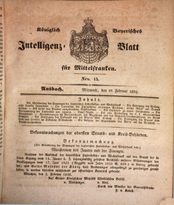 Königlich Bayerisches Intelligenzblatt für Mittelfranken (Ansbacher Intelligenz-Zeitung) Mittwoch 20. Februar 1839