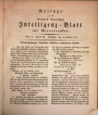 Königlich Bayerisches Intelligenzblatt für Mittelfranken (Ansbacher Intelligenz-Zeitung) Samstag 23. Februar 1839