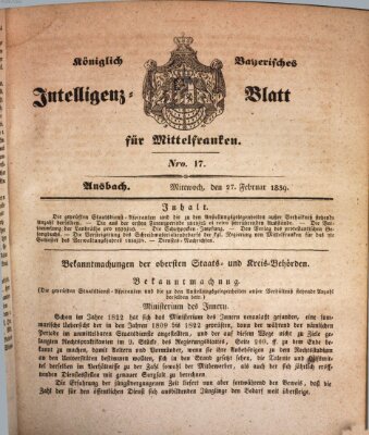 Königlich Bayerisches Intelligenzblatt für Mittelfranken (Ansbacher Intelligenz-Zeitung) Mittwoch 27. Februar 1839