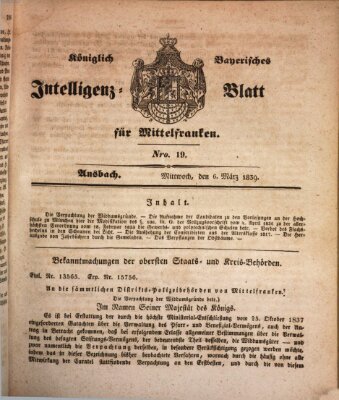 Königlich Bayerisches Intelligenzblatt für Mittelfranken (Ansbacher Intelligenz-Zeitung) Mittwoch 6. März 1839