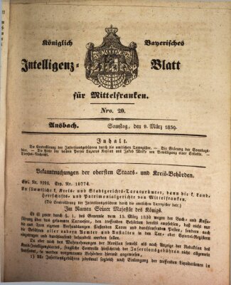 Königlich Bayerisches Intelligenzblatt für Mittelfranken (Ansbacher Intelligenz-Zeitung) Samstag 9. März 1839