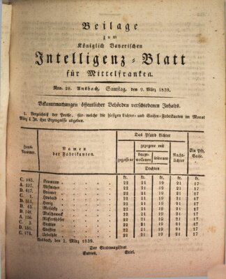 Königlich Bayerisches Intelligenzblatt für Mittelfranken (Ansbacher Intelligenz-Zeitung) Samstag 9. März 1839