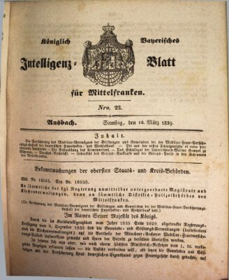 Königlich Bayerisches Intelligenzblatt für Mittelfranken (Ansbacher Intelligenz-Zeitung) Samstag 16. März 1839