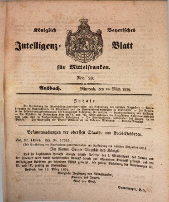 Königlich Bayerisches Intelligenzblatt für Mittelfranken (Ansbacher Intelligenz-Zeitung) Mittwoch 20. März 1839