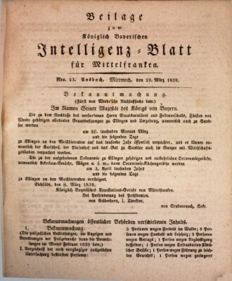 Königlich Bayerisches Intelligenzblatt für Mittelfranken (Ansbacher Intelligenz-Zeitung) Mittwoch 20. März 1839