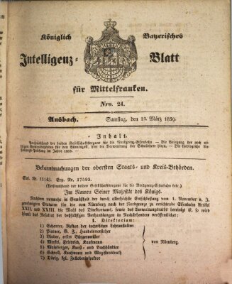 Königlich Bayerisches Intelligenzblatt für Mittelfranken (Ansbacher Intelligenz-Zeitung) Samstag 23. März 1839