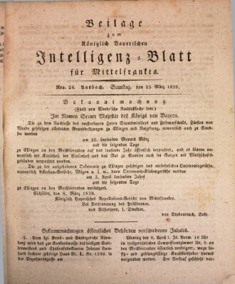 Königlich Bayerisches Intelligenzblatt für Mittelfranken (Ansbacher Intelligenz-Zeitung) Samstag 23. März 1839