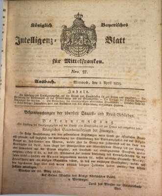 Königlich Bayerisches Intelligenzblatt für Mittelfranken (Ansbacher Intelligenz-Zeitung) Mittwoch 3. April 1839