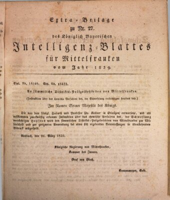 Königlich Bayerisches Intelligenzblatt für Mittelfranken (Ansbacher Intelligenz-Zeitung) Mittwoch 3. April 1839