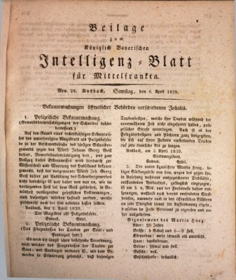 Königlich Bayerisches Intelligenzblatt für Mittelfranken (Ansbacher Intelligenz-Zeitung) Samstag 6. April 1839